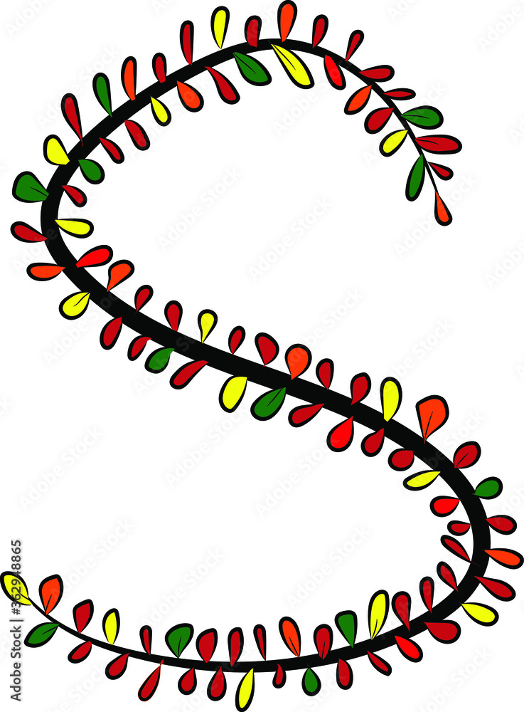 Colorful autumn Latin alphabet. The letter S is drawn by hand with a brush. Black branches and red, green, orange, yellow leaves. Foliage of a Bush. Vector image. Calligraphy and lettering. Eco,nature