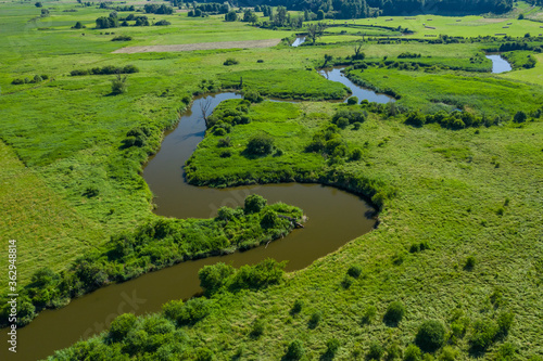 Aerial view of meander of the Wieprz river near Krasnystaw in Poland.