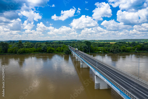 Bridge over Vistula river in Annopol, Poland. Aerial view of Vistula river, the longest river in Poland.