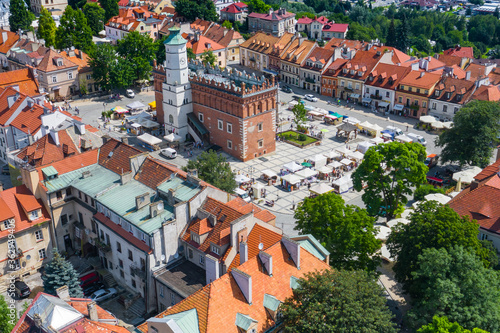 Sandomierz, Poland. Aerial view of medieval old town with town hall tower, gothic cathedral. photo