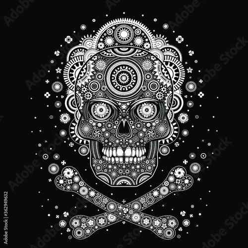 Vector Black and White Machine Skull Illustration