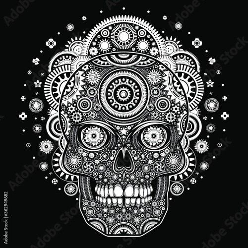 Vector Black and White Cyborg Skull Illustration