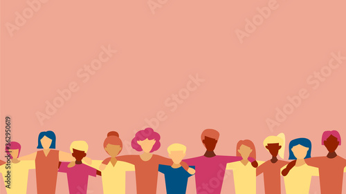 Friends with back hug frame in horizontal seamless pattern for International day of friendship or business theme. Multiethnic people. Black, white, Asian. Vector illustration. Flat design 