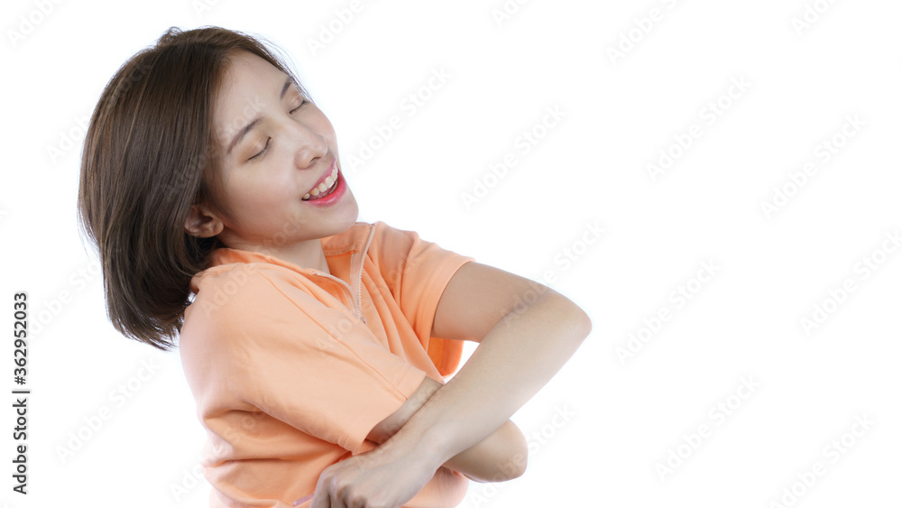 woman taking off her orange shirt, side view. White background. woman taking off her orange shirt, side view. White background.