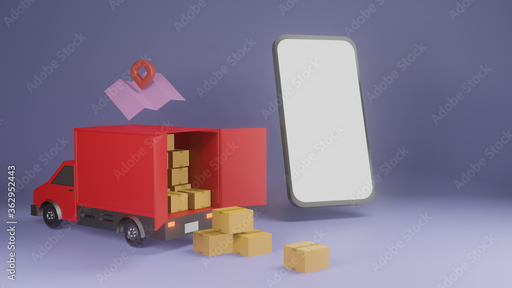 Package online shopping and delivery. Heap of boxes and red pickup truck on purple background. 3d render Package online shopping and delivery. Heap of boxes and red pickup truck on purple background. 3d render