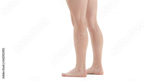Calf raise training for strong shin muscle. Isolated on white background.