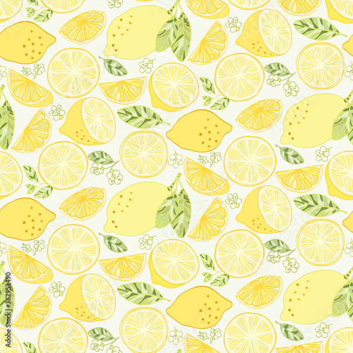 Lemon leaves flowers pattern doodle hand drawn. Colorful graphics vector. Vector floral texture for fabric, wrapping paper, floral design. 