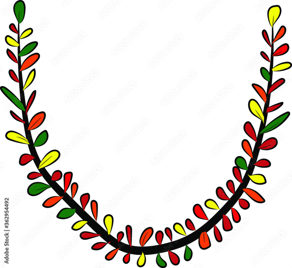 Colorful autumn Latin alphabet. The letter U is drawn by hand with a brush. Black branches and red, green, orange, yellow leaves. Foliage of a Bush. Vector image. Calligraphy and lettering. Eco,nature