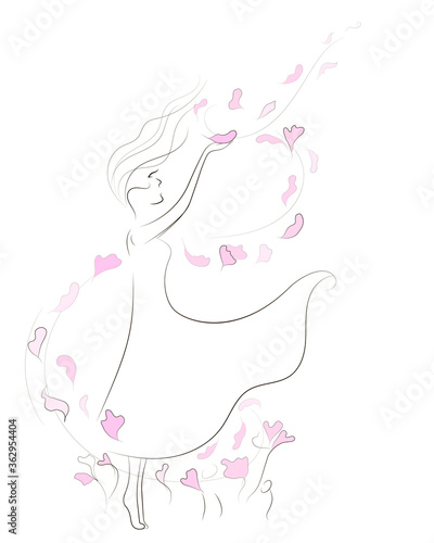 Woman directs the wind. Petals around a woman.