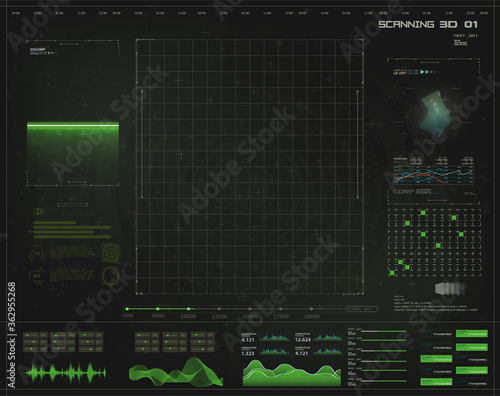 Green HUD, GUI futuristic dashboard, good for scanning template or presentation. Abstract virtual graphic touch user interface. Sci-fi vector design set.  Interface for app. Vector illustration