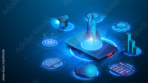 Innovation, business project  Start up launching product with rocket concept. Landing page template. Isometric  gear, light bulb, graph, speaker, phone on blue background. Easy to edit and customize