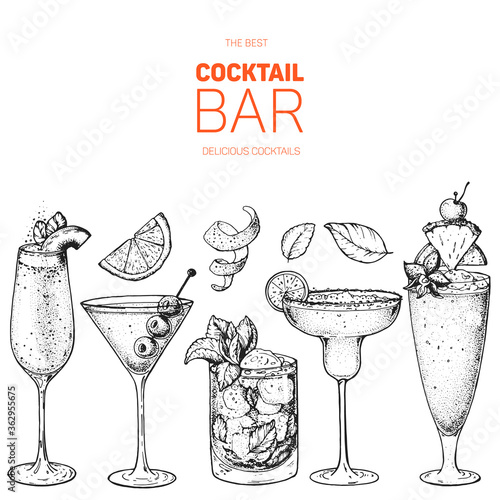 Cocktails hand drawn vector illustration. Alcoholic cocktails sketch set. Engraved style. Design template for bar. Bellini, dry martini, mint julep, margarita, singapore sling.