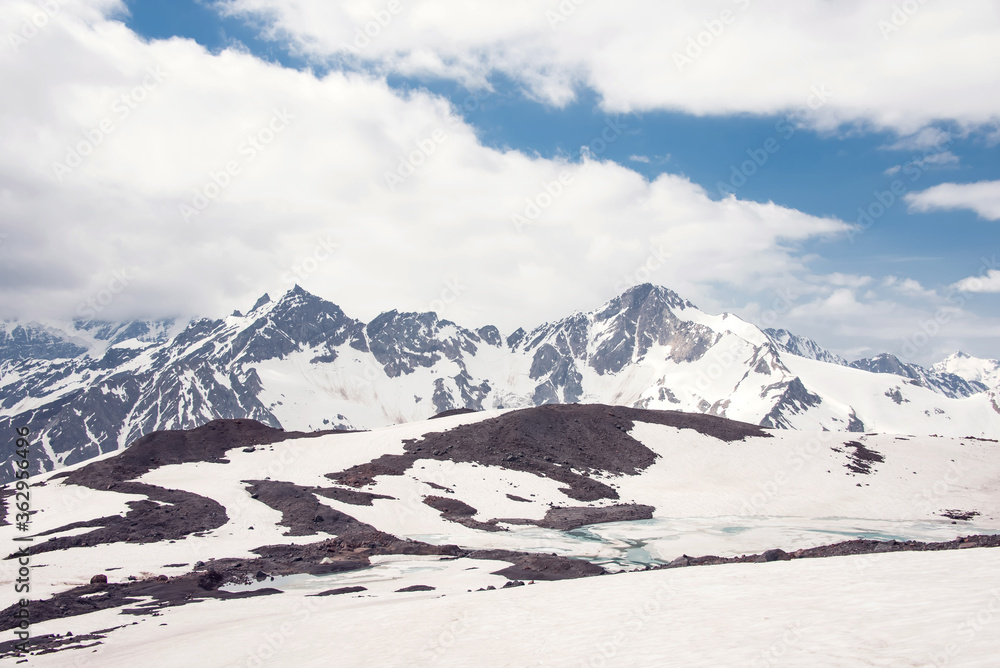 Panoramic view of glacier mountains of Elbrus region, Russia