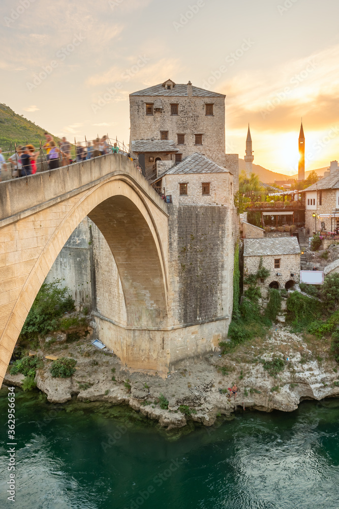 Stari Most bridge at sunset in old town of Mostar, BIH
