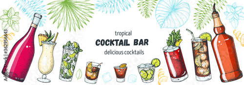 Alcoholic cocktails hand drawn vector illustration. Cocktails and palm leaves set. Menu design elements. Summer bar menu.