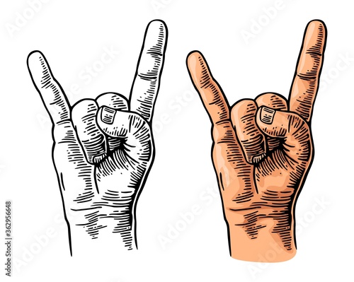 Rock and Roll hand sign. Vector color vintage engraving illustration.