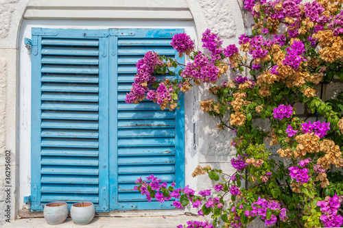 Traditional mediterranean house with blue shutters and purple flowers
