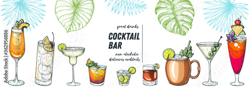 Alcoholic cocktails hand drawn vector illustration. Cocktails and palm leaves set. Menu design elements. Summer bar menu.