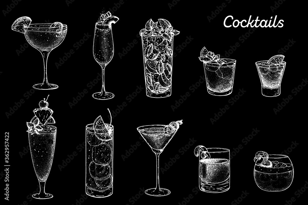 Alcoholic cocktails hand drawn vector illustration. Cocktails sketch