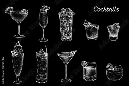 Alcoholic cocktails hand drawn vector illustration. Cocktails sketch set. Engraved style. Sidecar, bellini, mojito, mai tai, negroni, singapore sling, tom collins, cosmopolitan, sazerac, whisky sour.