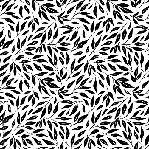 Leaves and branches vector seamless pattern. Black brush leaves and twigs. Olive branch modern ornament. Black ink texture with foliage. Hand drawn eucalyptus, laurel twig. Abstract plant motif