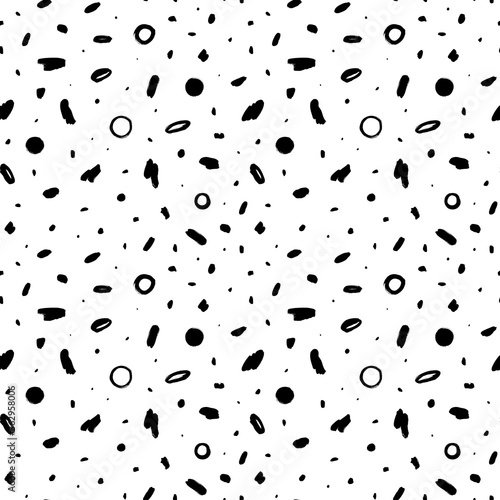 Geometric vector seamless pattern in Memphis style. Grunge brush stroke, circles, dots and shapes. Hand drawn ink illustration in eighties and nineties style. Hipster black paint geometric background.