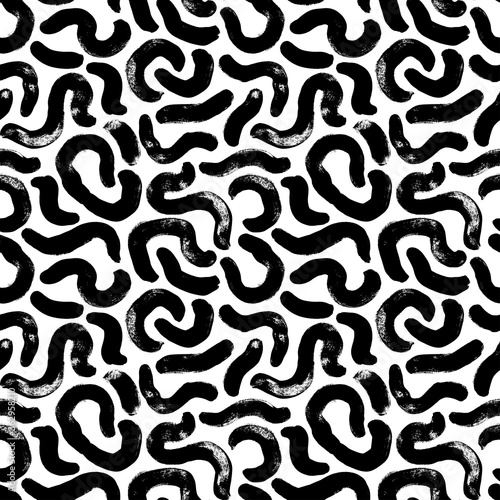 Organic and bio vector seamless pattern in Memphis style. Grunge swirled brush stroke, curly lines. Hand drawn ink illustration in eighties and nineties style. Hipster black paint geometric background
