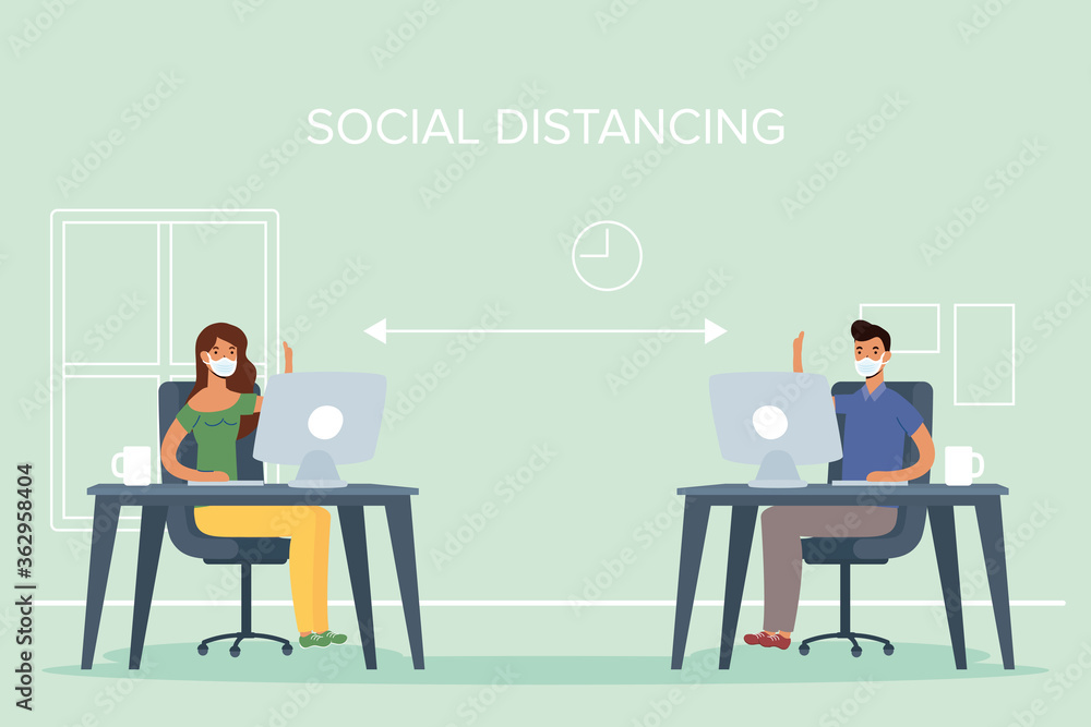 young couple wearing medical masks and social distancing in workplace young couple wearing medical masks and social distancing in workplace