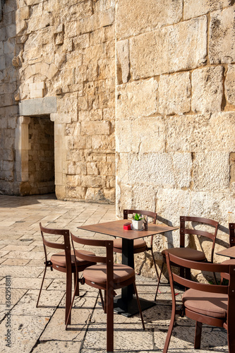 Empty cafe without people in old town of Trogir at sunny day, Croatia © Mazur Travel