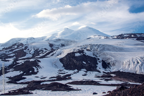 Panoramic view of glacier mountains of Elbrus region  Russia