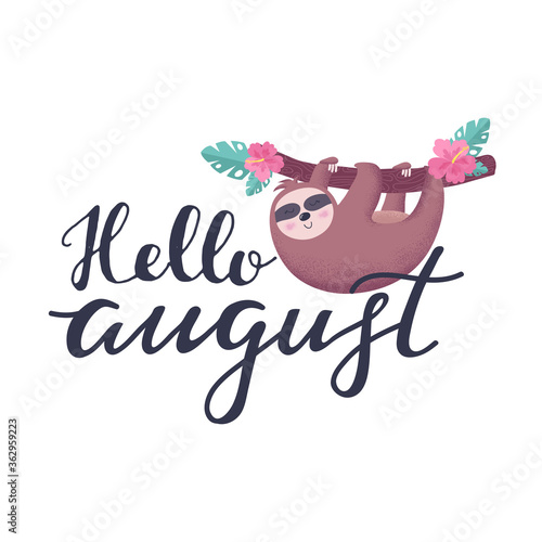 Cute sloth. Summer card bright illustration in cartoon style. Hello August lettering. Vector