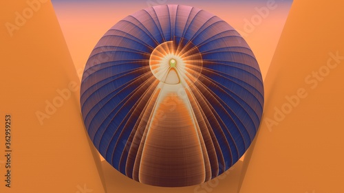rendu 3D d'une sphère à la couleurs dominante bleutée posée sur un décor orangé