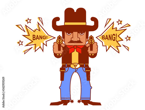 Cowboy with guns. Wild west gunslinger shoots pistols vector flat style color cartoons isolated on white. Western duel