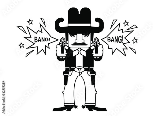 Cowboy with guns. Wild west gunslinger shoots pistols vector flat style color cartoons isolated on white. Western duel