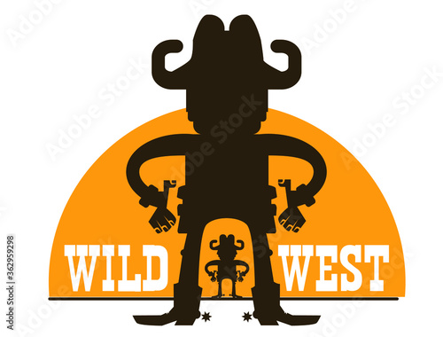 Gunfighters. Cowboys with guns. Wild west gunslingers shoots pistols vector graphic cartoons. Western duel with text