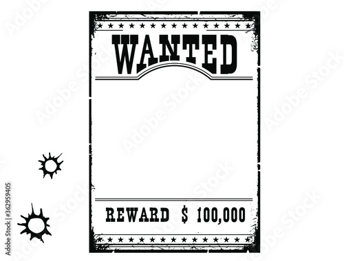 Wanted poster for portrait. American Western grunge paper for design on white background