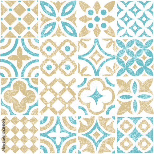 Seamless vintage pattern. Set of ceramic square tiles. Cute summer print. Grunge texture. Pastel shades. Vector illustration.