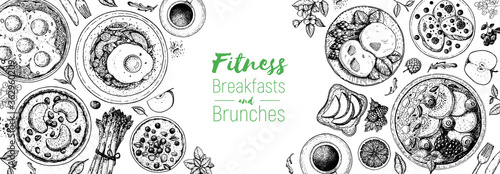 Breakfast, brunch sketch design elements, top view food. Morning food menu design. Breakfasts and brunches dishes collection. Vintage hand drawn sketch, vector illustration. Engraved style.