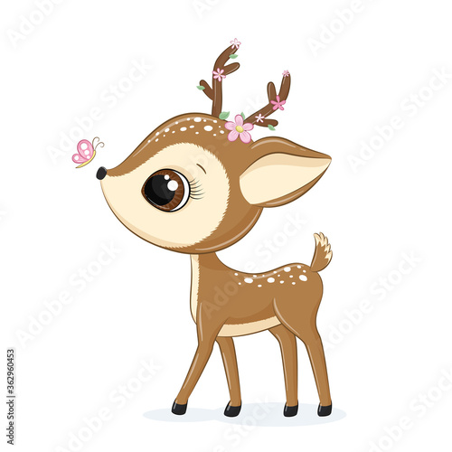 Animal illustration cute little deer with flowers and butterfly.