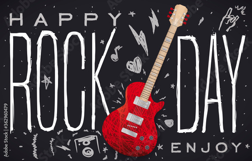 Electric Guitar and Doodles for World Rock Day Celebration, Vector Illustration