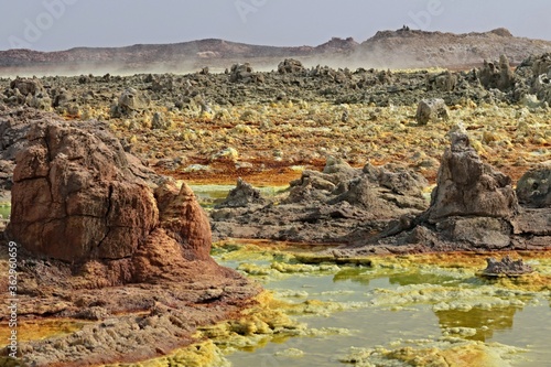 Salt ponds  bubbling chimneys and salt terraces form the bottom of the volcanic crater Dallol  Ethiopia  The Hottest Place on Earth Danakil Depression.North Ethiopia Africa