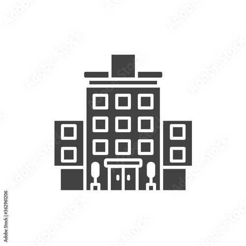 Hotel black glyph icon. Building: apartment, motel, hostel sign. Real estate. Pictogram for web page, mobile app, promo. UI UX GUI design element.