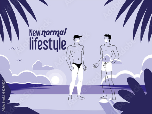 men with mask enjoying the beach and sun