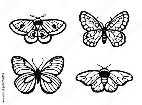 Laser cut template. Collection of black butterflies isolated. Silhouettes flying insects. Set of icons. Wood carving template for wedding invitation, greeting card. Stencil. Stamp. Vector insect.