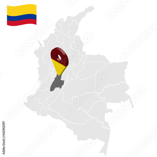 Location of  Tolima on map Colombia. 3d Tolima location sign. Flag of Tolima. Quality map with regions  of Colombia for your web site design, logo, app, UI. Stock vector. EPS10.