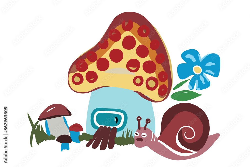 cartoon mushroom like a house in the forest with host snail 