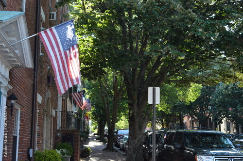 american flag in the city