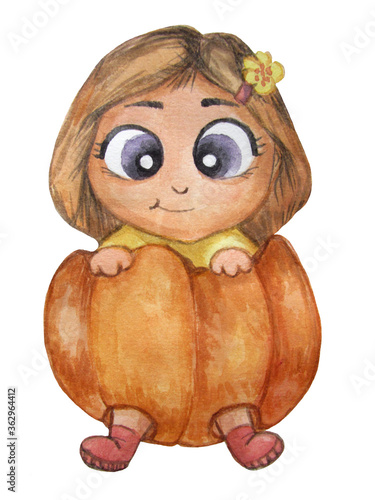 Halloween. Watercolor illustration of a cute little kid who is sitting in a pumpkin. Girl celebrates Halloween. Isolated on a white background