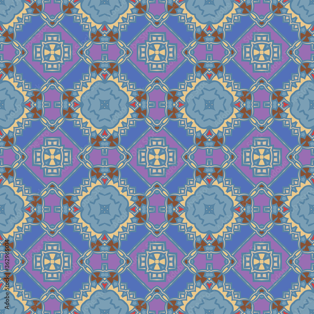  Trendy bright color seamless pattern in violet and blue for decoration, paper wallpaper, tiles, textiles, neckerchief, pillows. Home decor, interior design, cloth design.