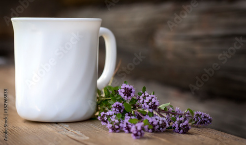 a white Cup of tea and a bunch of spicy herb thyme on a rustic background